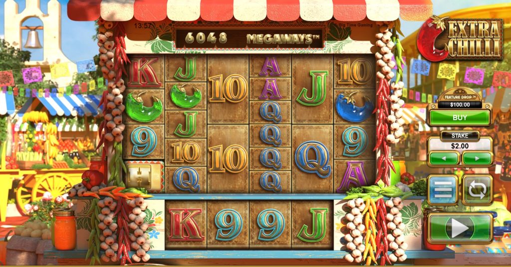 The Extra Chilli slot uses a colorful Mexican market theme with cascading Megaways reels and chili pepper symbols to highlight bonus win potential.