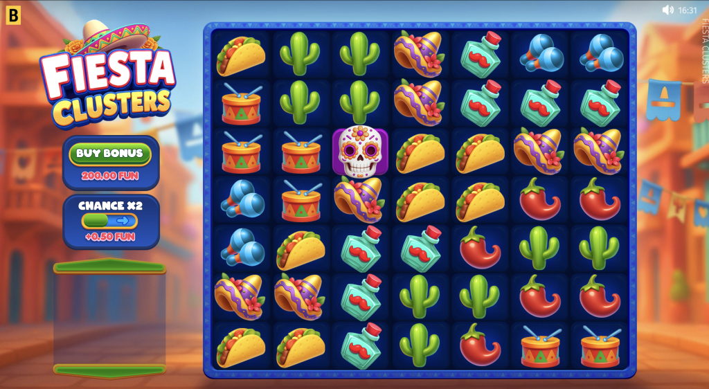 Fiesta Clusters online slot game featuring colorful Mexican-themed symbols like tacos, sombreros, cacti, chili peppers, and sugar skulls â vibrant slot grid with bonus buy and multiplier options displayed on screen.