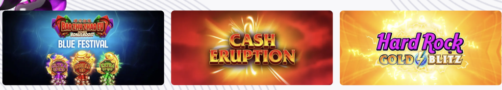 Hard Rock Bet online casino promotional banner displaying featured slot games Bao Zhu Zhao Fu Blue Festival, Cash Eruption, and Hard Rock Gold Blitz â vibrant game thumbnails with colorful backgrounds highlighting popular casino titles.