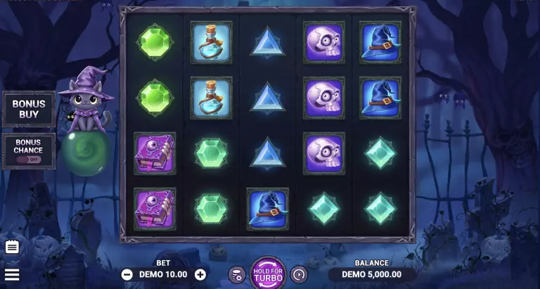 Hocus Pocus Sorcery online slot game featuring magical symbols like spell books, witch hats, potions, and glowing gems â set in a spooky graveyard with a cute wizard cat mascot offering bonus buy and turbo spin options.