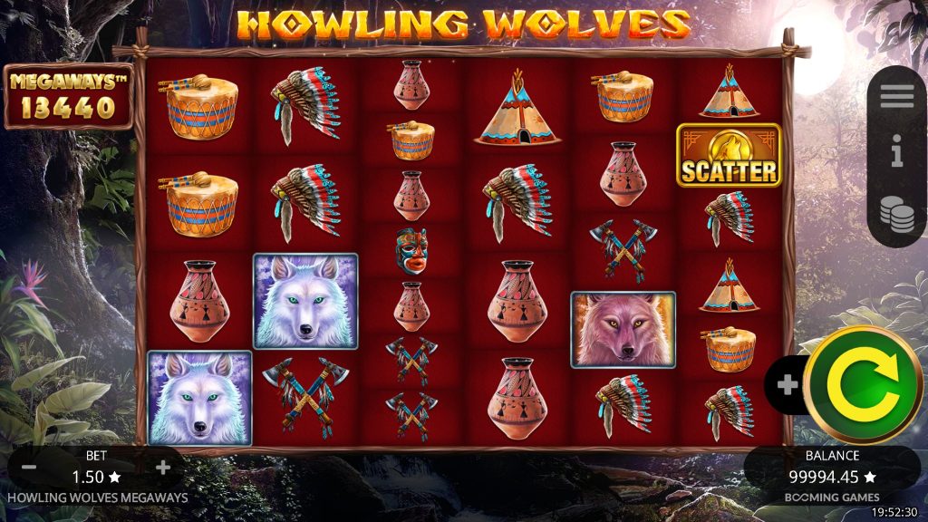 The Howling Wolves Megaways slot features Native American-inspired symbols like drums, headdresses, and wolves across six reels in a mystical forest setting.