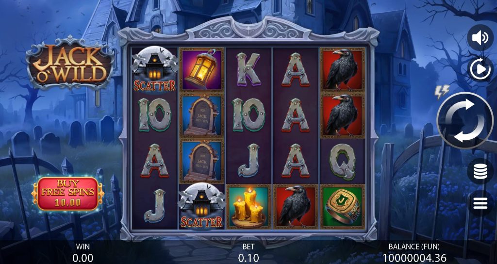 Gameplay from Jack OâWild slot showing eerie graveyard symbols, ravens, candles, and headstones under a dark sky.