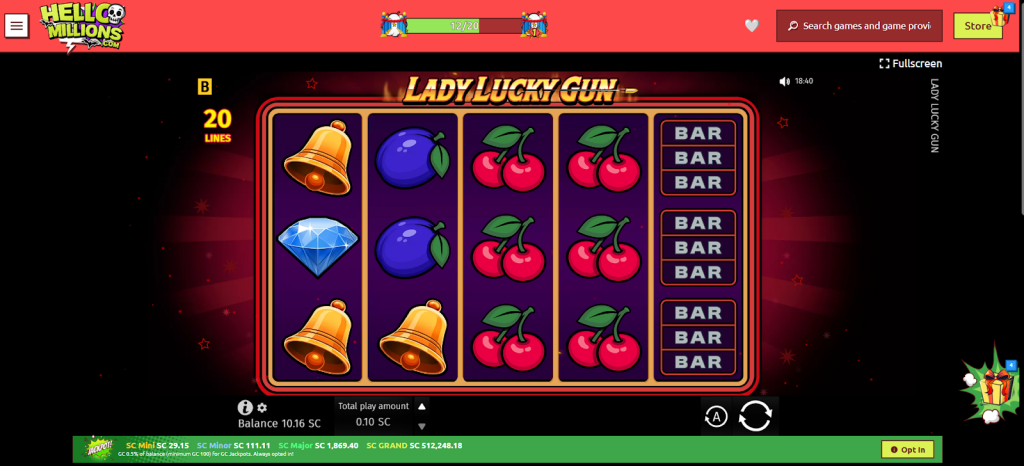 HelloMillions Casino slot game screen showing the Lady Lucky Gun slot with classic symbols like bells, cherries, plums, diamonds, and BAR icons across 20 paylines. The vibrant red and purple backdrop, sleek interface, and casino-style design highlight the exciting gameplay available at HelloMillions.com.