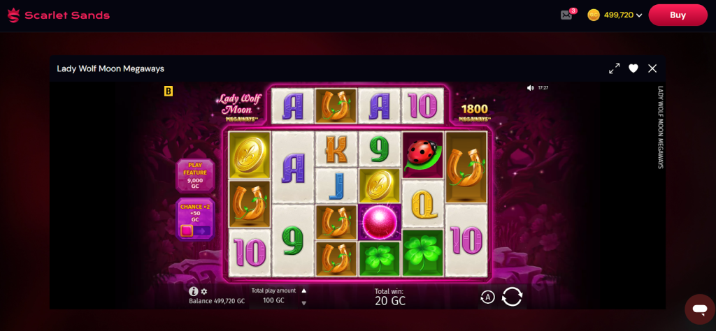 The Lady Wolf Moon Megaways slot features vibrant reels with symbols like horseshoes, clovers, and golden coins set against a mystical magenta forest backdrop.