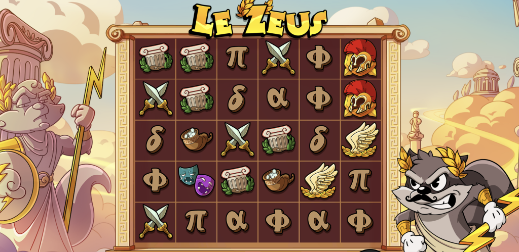 Cartoon-style slot game screen titled âLe Zeusâ featuring Greek mythology-inspired symbols like helmets, swords, laurel crowns, columns, and winged sandals. The gameâs backdrop shows Mount Olympus with Zeus and a mischievous raccoon-like god holding lightning bolts, highlighting a playful take on ancient Greek legends.