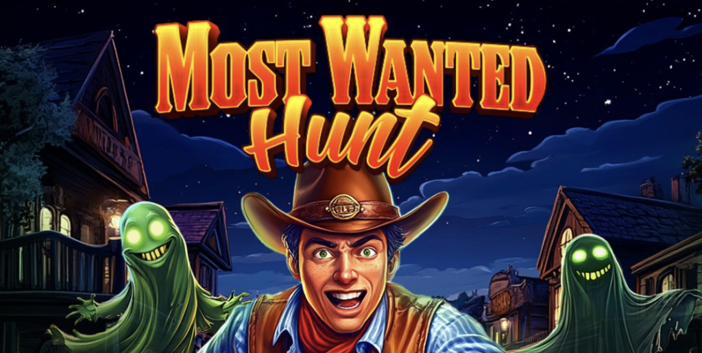 Promotional artwork for Mega Bonanzaâs Most Wanted Hunt slot game, featuring a cowboy with glowing green ghosts in a spooky Wild West town under a starry night sky.