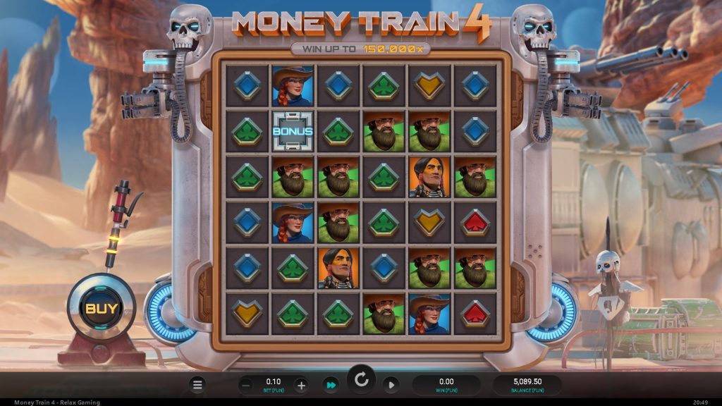 Money Train 4 Slot features a futuristic wild west theme with rugged characters and mechanical skull cannons framing the reels.
