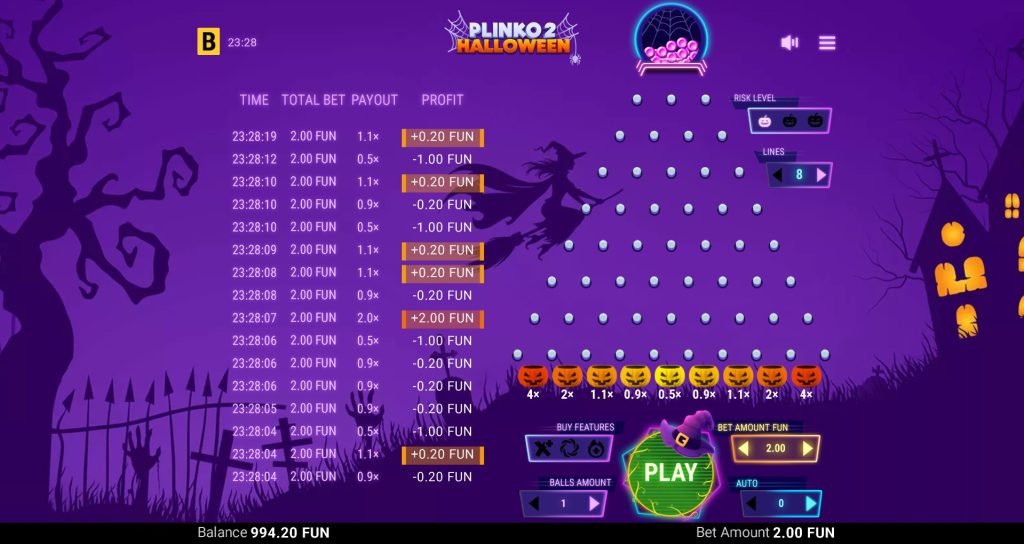Gameplay from Plinko 2 Halloween with a spooky purple background, jack-oâ-lantern prizes, and a witch silhouette.