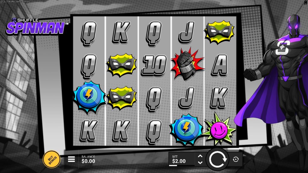 The Shuffle Spinman slot presents a comic bookâstyle superhero theme with bold pop-art symbols, featuring masks, lightning bolts, and the armored hero Spinman beside the reels.