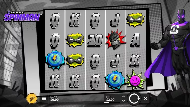The Shuffle Spinman slot presents a comic bookâÂÂstyle superhero theme with bold pop-art symbols, featuring masks, lightning bolts, and the armored hero Spinman beside the reels.