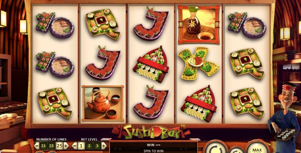 The Sushi Bar slot shows a Japanese-themed layout with sushi-shaped symbols on wooden reels for a calm dining-style slot experience.