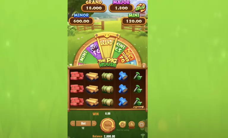 The Pig House online slot game featuring a colorful spinning wheel bonus with Grand, Major, Minor, and Mini jackpots â playful farmyard theme with reels showing bricks, wood, hay, and tools set against a bright green countryside background.