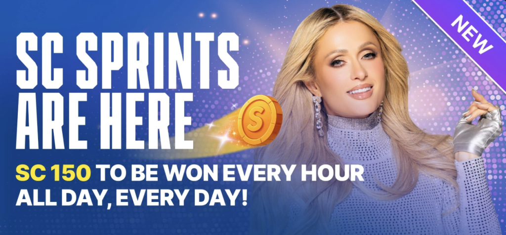 WOW Vegas SC Sprints casino promotion featuring a glamorous woman in silver attire with bold text announcing âSC Sprints Are Here â SC 150 to be won every hour, all day, every day,â highlighting new social casino rewards and daily prize opportunities