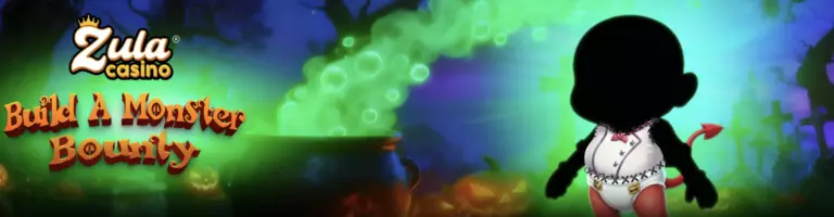 Zula Casino Build A Monster Bounty Halloween promotion banner featuring a spooky graveyard scene with bubbling green potion, glowing cauldron, and mysterious shadowed monster figure â festive casino event artwork.