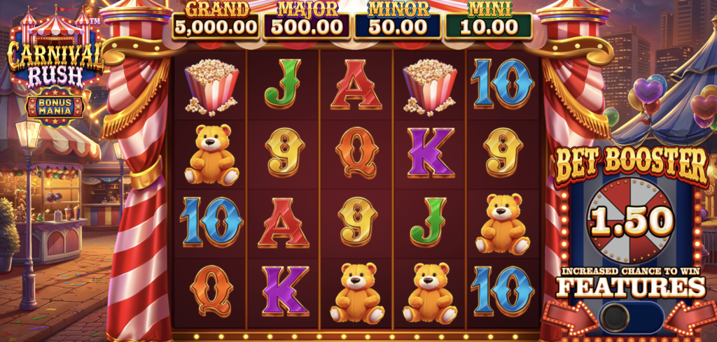 Carnival Rush slot game featuring colorful reels with teddy bears, popcorn, and card symbols, plus Grand, Major, Minor, and Mini jackpots and a Bet Booster feature in a festive carnival setting