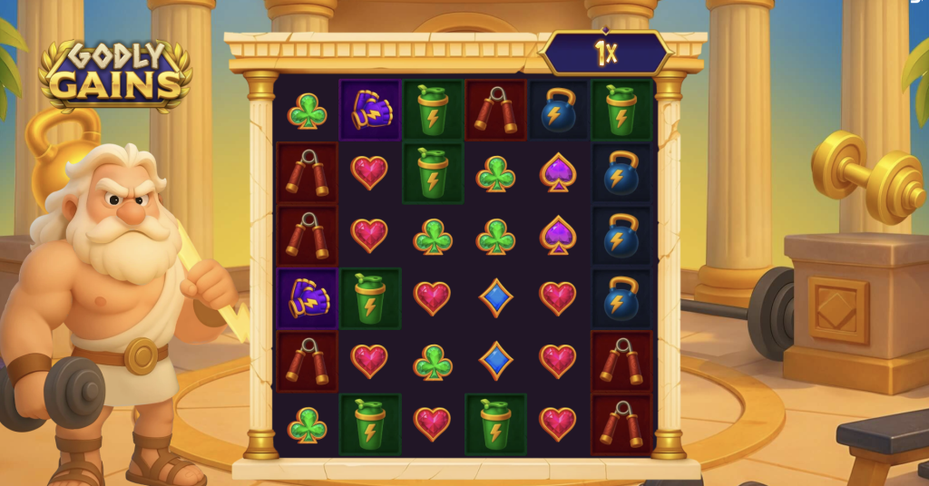 Godly Gains slot game featuring a muscular Zeus-like character beside a grid filled with dumbbells, energy drinks, gloves, and heart symbols in a Greek temple gym setting.