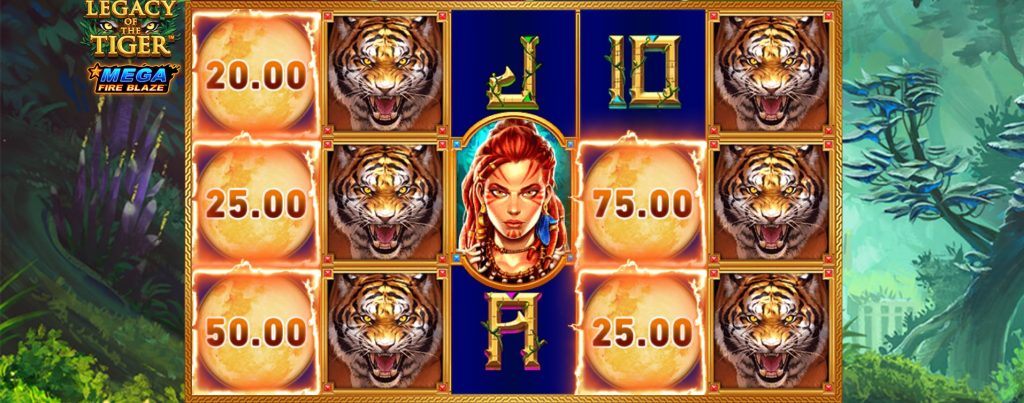 The Mega Fire Blaze Legacy of the Tiger slot showcases glowing moon bonus symbols and fierce tiger icons surrounding the central heroine, emphasizing the game's jungle-themed high-value features.