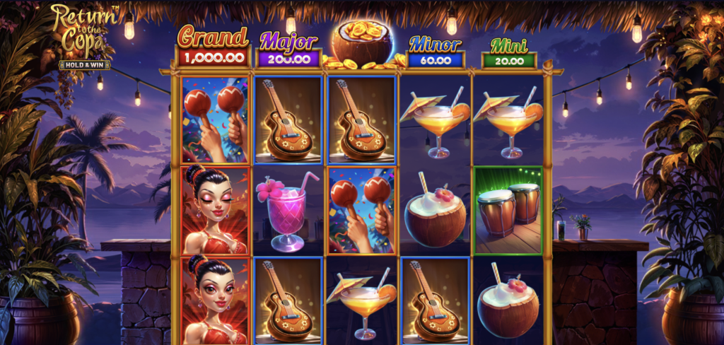Return to the Copa slot game featuring tropical reels with guitars, cocktails, maracas, and dancers set against a beach sunset backdrop, offering Grand, Major, Minor, and Mini jackpot rewards.