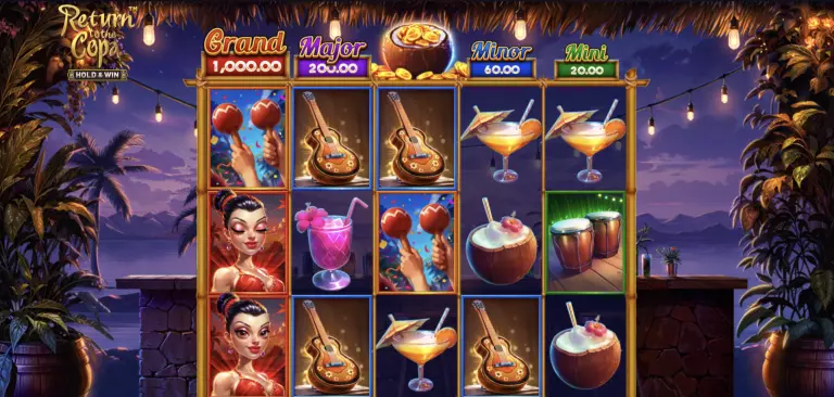 Return to the Copa slot game featuring tropical reels with guitars, cocktails, maracas, and dancers set against a beach sunset backdrop, offering Grand, Major, Minor, and Mini jackpot rewards.
