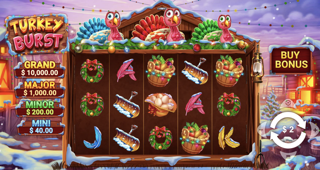 Turkey Burst slot game with colorful Thanksgiving-themed reels featuring turkeys, feathers, wreaths, baskets of fruit, and snow-covered barns, offering Grand, Major, Minor, and Mini jackpot prizes.