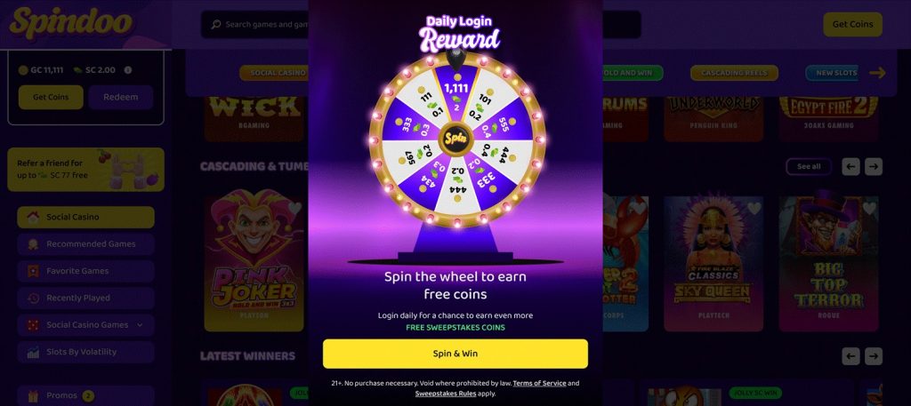 âDaily Login Rewardâ popup with a spin wheel to earn free coins in Spindoo. Mentions sweepstakes coins and login bonus.