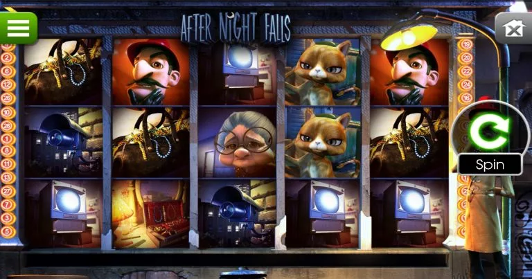 After Night Falls slot game reels showing detective, cat, old woman, security camera, and jewel symbols.