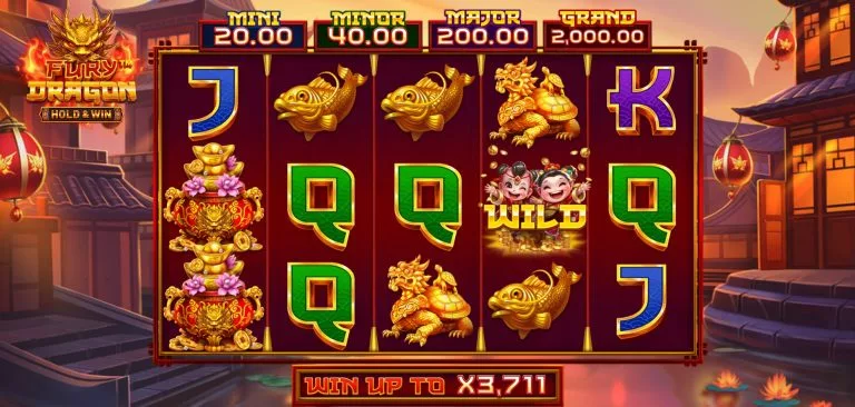 Fury Dragon Hold and Win slot game reels with gold symbols and jackpot prizes displayed.