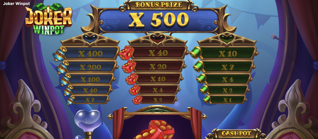 Joker Winpot bonus prize screen showing a slot game multiplier ladder with rewards up to x500, featuring colorful dice symbols, cashpot tiers, and progressive win multipliers in a casino bonus round.