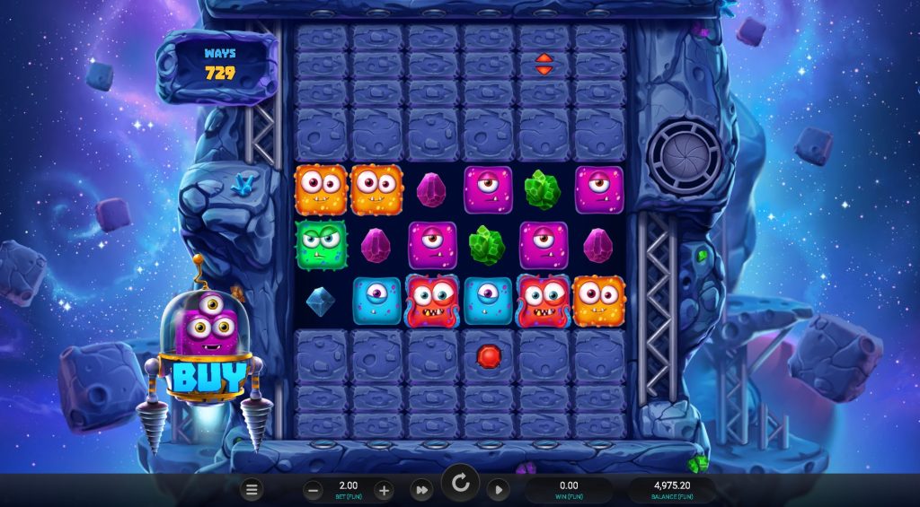 Space Miners slot game screenshot featuring colorful alien symbols, expanding reels, and mining space theme.