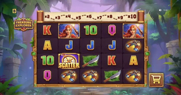 Treasure Explorer slot game screen showing jungle-themed reels, female explorer symbol, scatter compass bonus, binoculars, knives, and a multiplier path from x2 to x10.