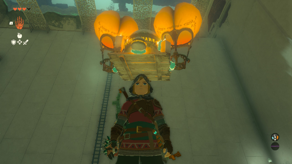 Link connecting both orbs and balloons to a platform and letting them hover upwards to solve Sinakawak shrine