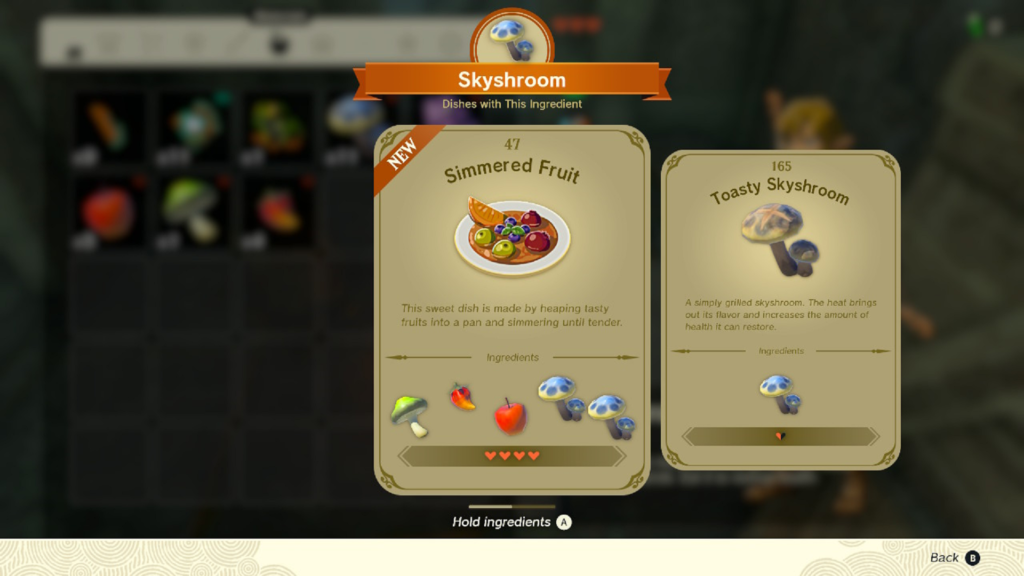 A picture of Skyshroom recipe cards from Tears of the Kingdom for cooking, visible when selecting the ingredient