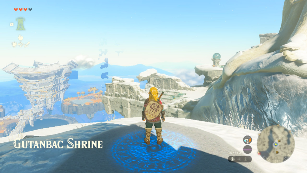 Screenshot of Link in Tears of the Kingdom outside of Gutanbac Shrine, about to obtain a piece of cold resistant gear to the right above a wooden overhang.