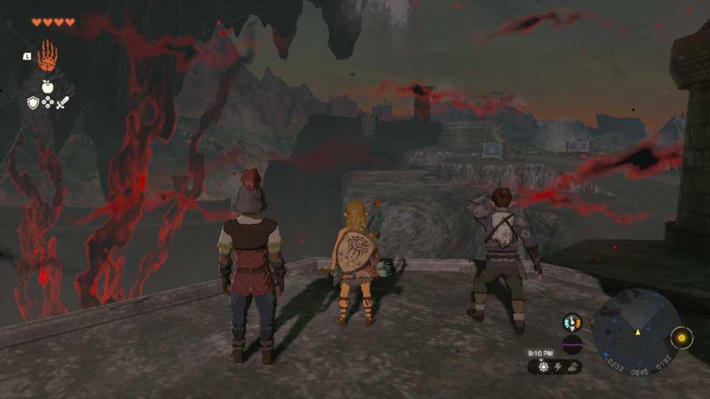 screenshot of Link with two NPC's in Tears of the Kingdom on the way to get the paraglider