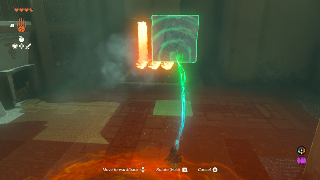 Screenshot of Link using Ultrahand to solve Kiuyoyou shrine by melting an ice cube smaller 