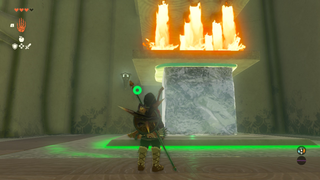 Screenshot of Link staring at an ice cube with a stone slab on top, blocking gouts of fire and pressing the final switch to solve Kiuyoyou shrine