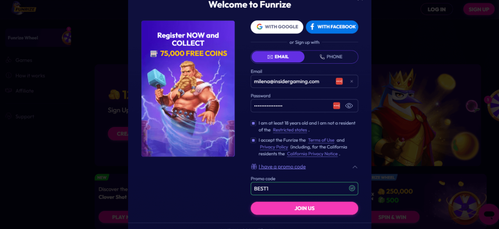 Screenshot of the registration page at Funrize Casino