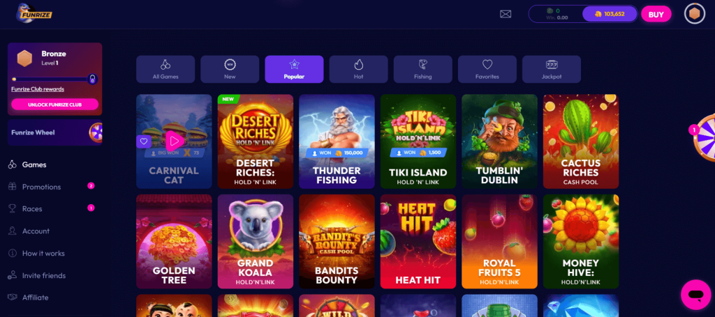 Screenshot of the popular slots at Funrize Casino