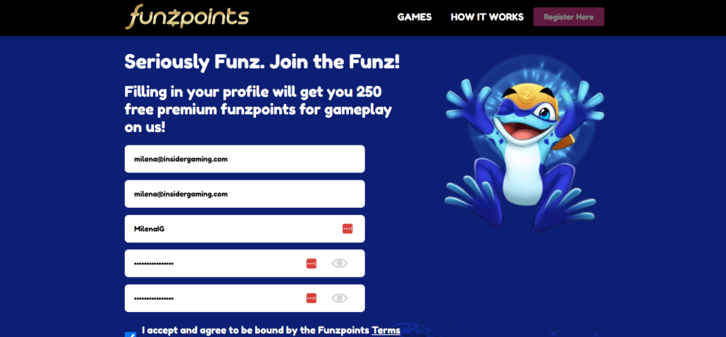 Registration Screenshot on Funzpoints