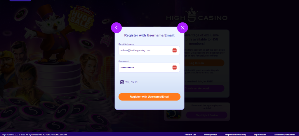 Screenshot of the registration page at High5Casino