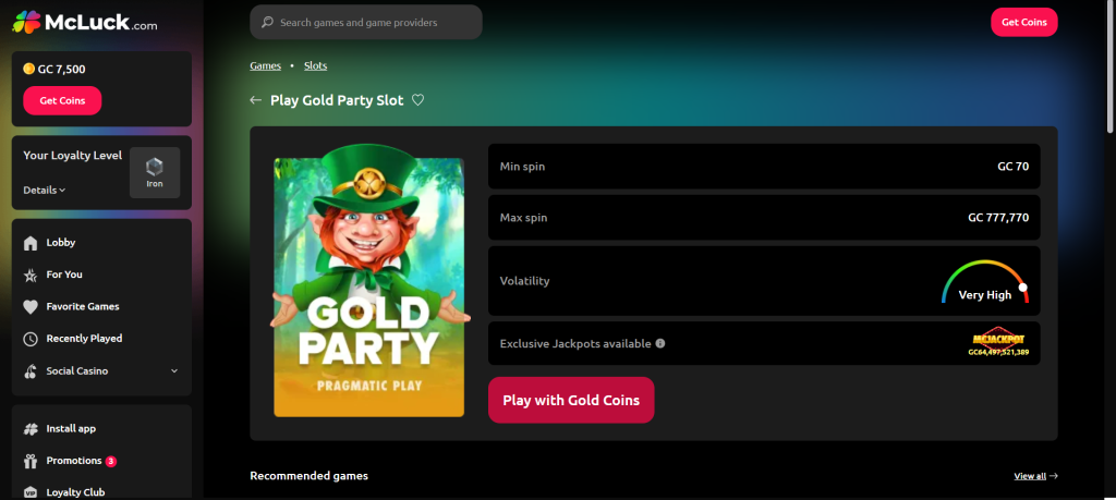 Screenshot of Gold Party slot at McLuck Casino