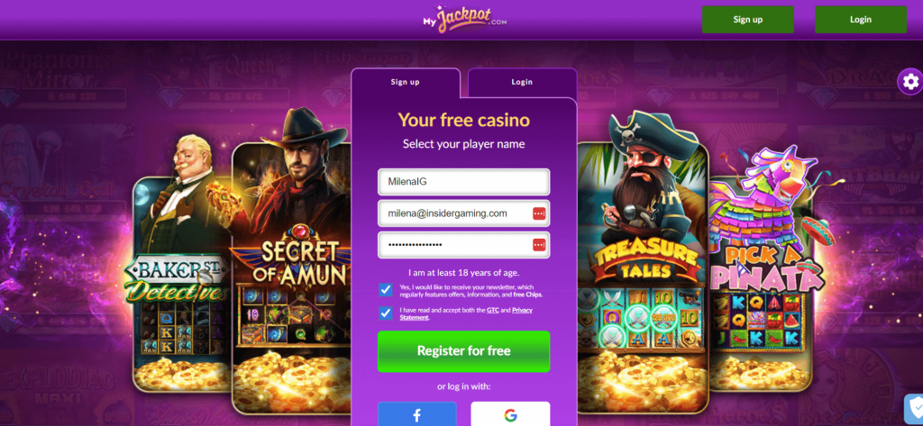 Screenshot of the sign up page at MyJackpot Casino