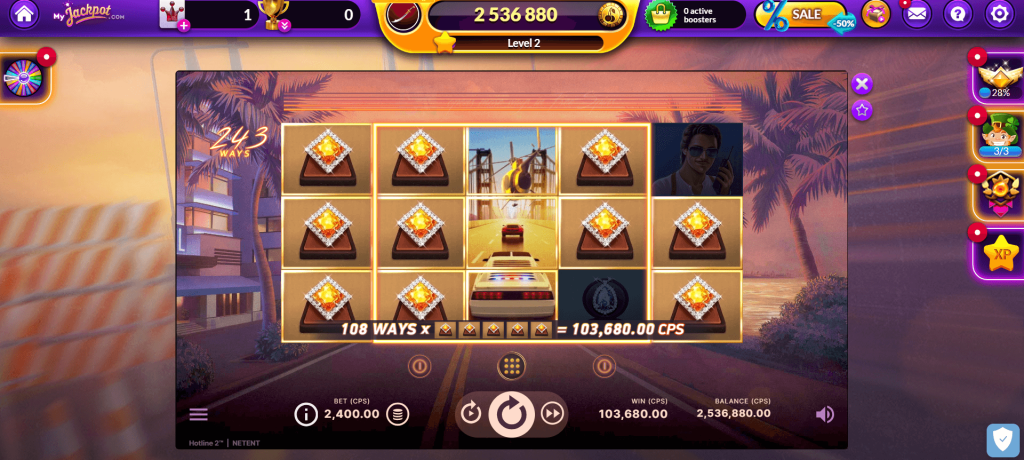 Screenshot of a big win on Hotline 2 at MyJackpot Casino