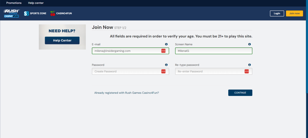 Screenshot of the registration page at Rush Games