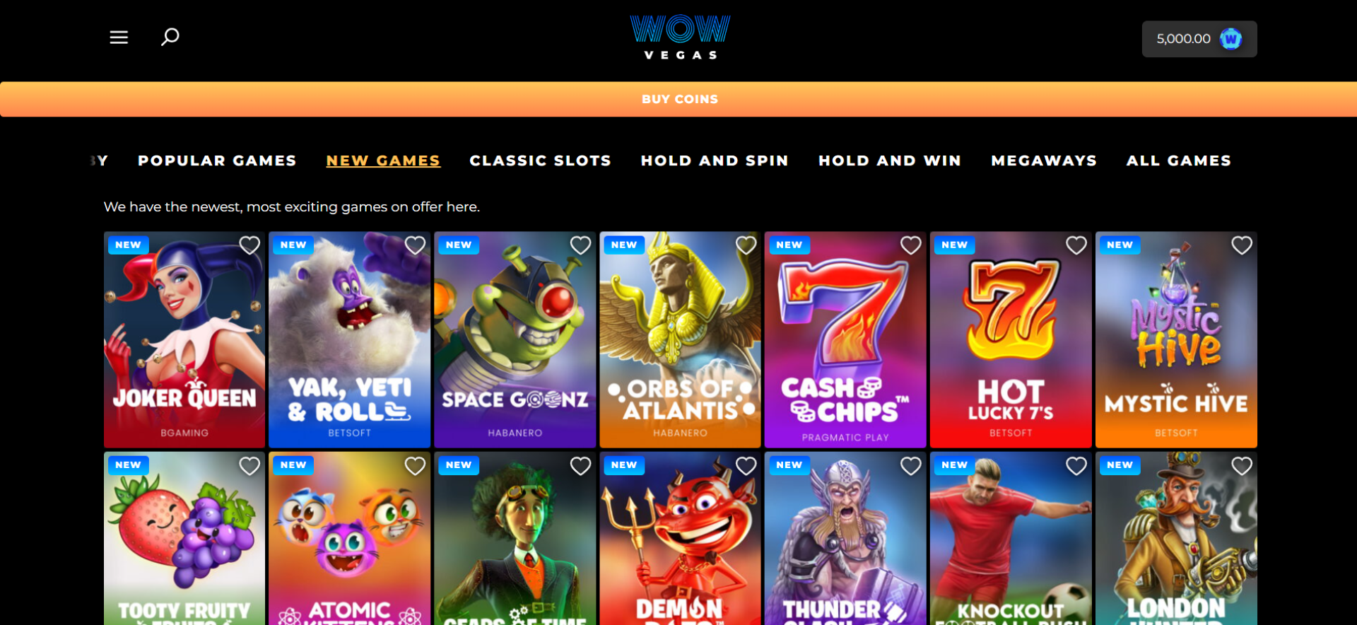 Screenshot of the new games at Wow Vegas Casino