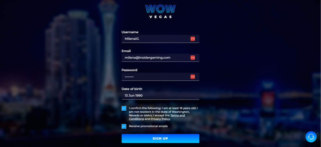 Screenshot of the signup process at Wow Vegas Casino