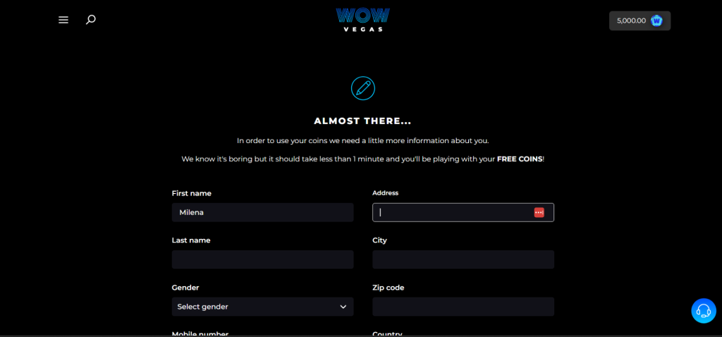 Screenshot of Account Verification at Wow Vegas