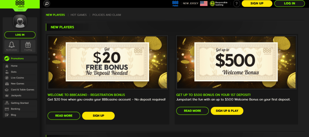 Screenshot of the Promotions on 888Casino