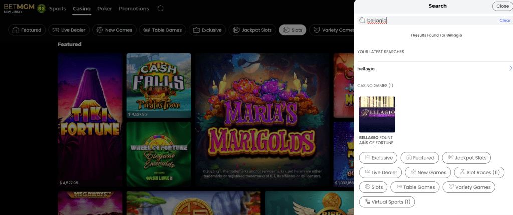 Screenshot of Bellagio Fountain on BetMGM Casino