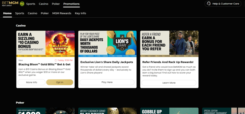 Screenshot of the casino promotions on BetMGM